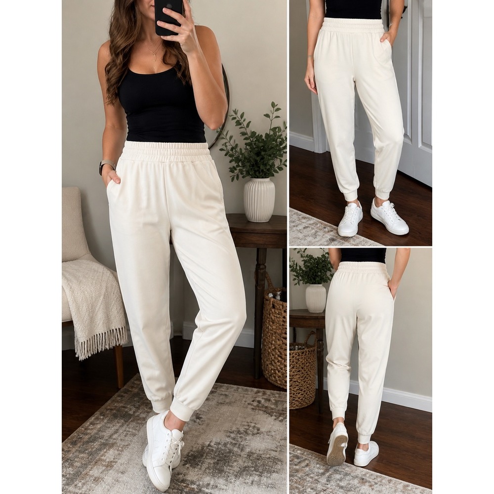 Yogalicious Lux District Joggers Womens L Cream Beige High Rise Pants Pockets